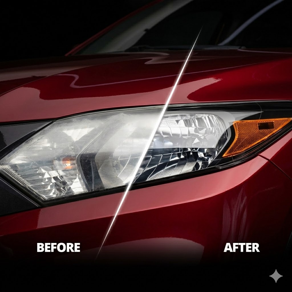 Headlight restoration Dubai — yellowed and cloudy headlight lens restored by Smart Auto UAE